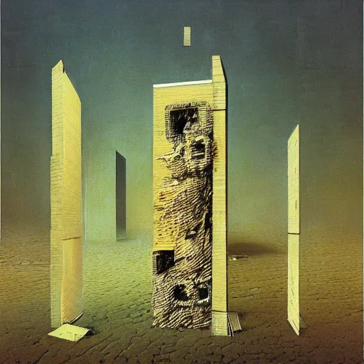 Prompt: tall boxes falling out of space side - by - side, pixel sorting, collapsed boxes, zdzislaw beksinski