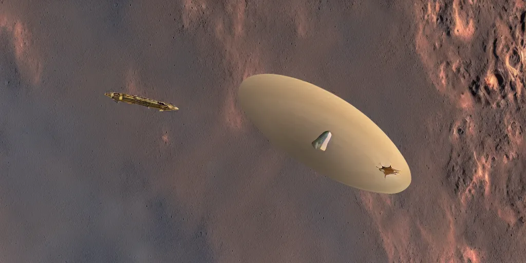 Prompt: ”uss kearsarge as flying starship above mars surface”