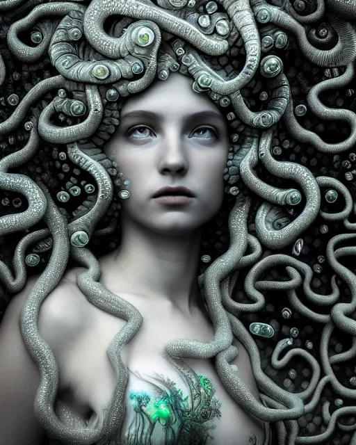 Image similar to surreal mythical dreamy underwater artistic bw photo of a beautiful young female angelic - medusa - cyborg covered with fish scales and algae, highly detailed, intricate crystal ivy jelly fish scales ornate, poetic, octane render, 8 k, photo - realistic, in the style of gustave dore and preraphaelites