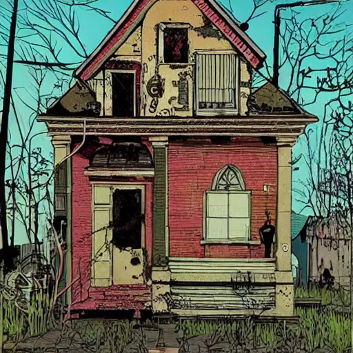 Prompt: A beautiful street art of an old, abandoned house. by Ravi Zupa, by Matt Groening, by Brian K. Vaughan unified