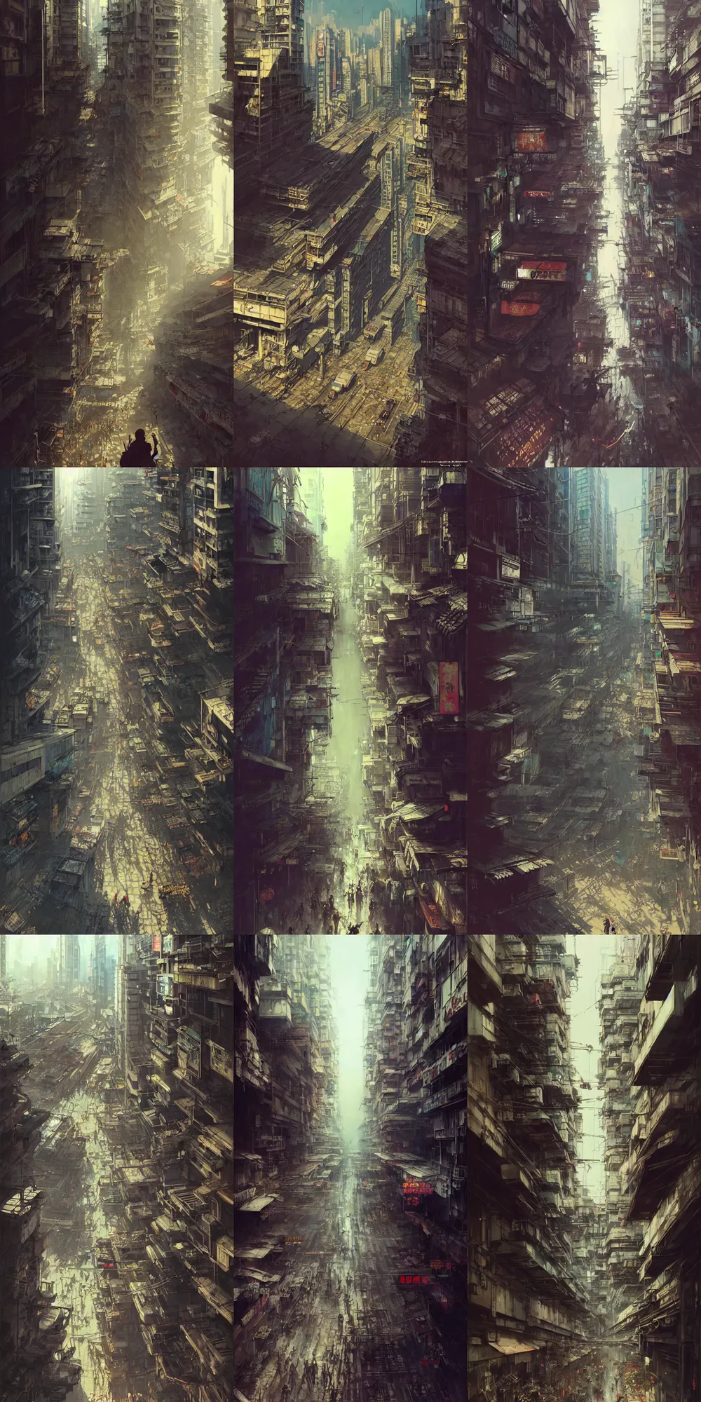 Prompt: ultra realistic beautiful apocalyptic cyberpunk kowloon balcony techno art, lots of signs, art by gino stratolat, krenz cushart, wlop, yoji shinkawa, greg rutkowski, alphonse mucha, yuxiang chen, intricate, elegant, highly detailed, digital art, artstation, concept art, smooth, sharp focus, illustration, beautiful sunlight and shadows