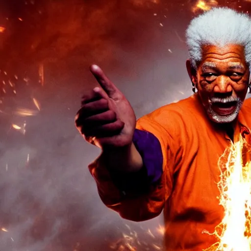 Prompt: morgan freeman screams as he powers up to super saiyan