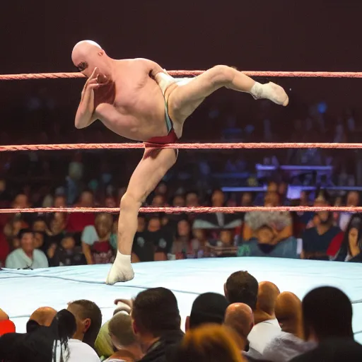 Image similar to pro wrestler Jeremy The Egg Shelson perform his signature top rope move in the ring, big arena thousands of fans in background, short depth of focus painted by Carravagio