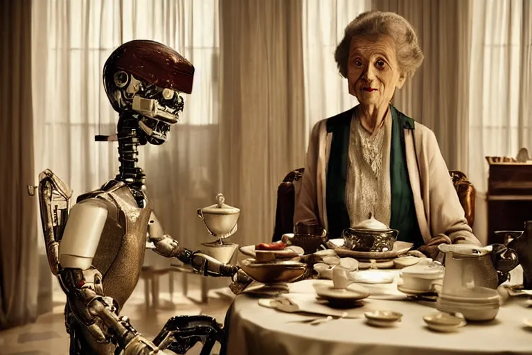 Image similar to VFX movie portrait of old woman served tea by a futuristic butler robot in a decadent living room by Emmanuel Lubezki