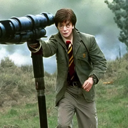 Prompt: harry potter shooting a rocket launcher as rambo, movie still, dramatic