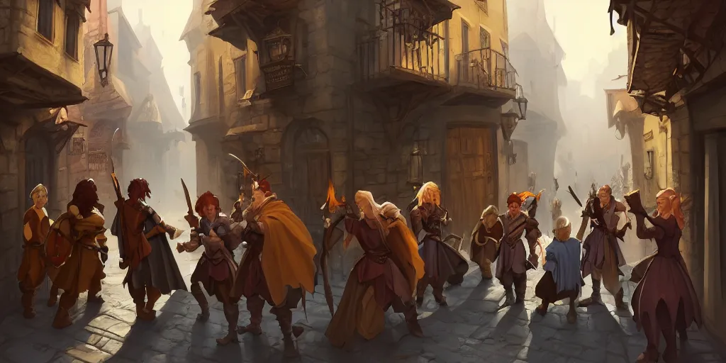 Image similar to an exciting fantasy street battle within a fascinating old city, photo-real characters, narrow streets, old buildings, by Sylvain Sarrailh, cinematic, simple but effective composition, clean lines, beautiful digital painting, oil painting, ultra photo-real render, great character design, dungeons and dragons, lord of the rings, close up characters, fantasy races