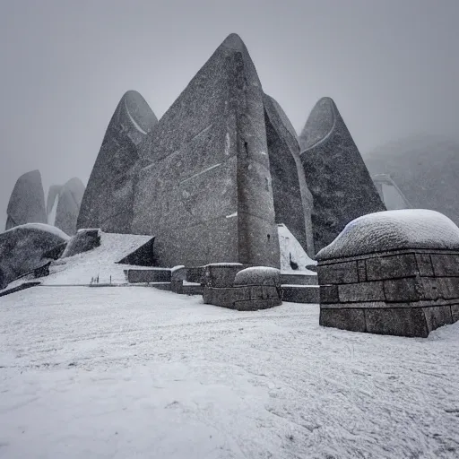 Image similar to a monolithic cathedral on a snowcapped mountain in the artic. grainy, snowing, overcast sky.