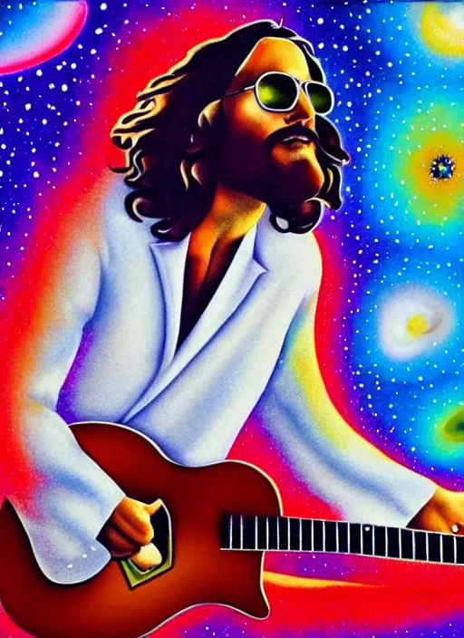 Image similar to Jesus playing guitar wearing shades & white suit, melting colors, nebula, cosmos, space, 4x upscaled, psychedelic, spiritual art, light language coming from the guitar