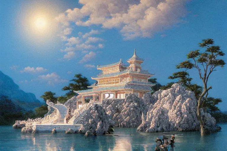 Image similar to an oriental palace made of immaculate white stones that emit light planted at the edge of a waterless ocean under a twilight light, blue sky without clouds, people angling at the edge, crystalline rock, pastel shades, style of michael whelan