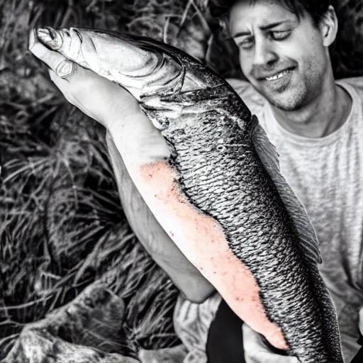 Prompt: A photo of a man holding the world's longest fish, realistic, ultra high detail, 8k.