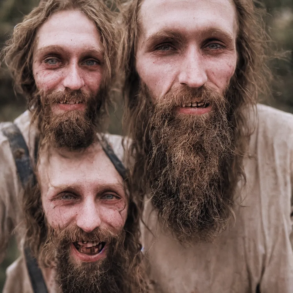 Image similar to extremely skinny malnourished redneck white male with long beard, wearing dirty overalls, dirty greasy face, grin, portrait, close up, kodak gold 2 0 0, 5 0 mm,