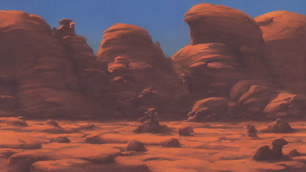 Prompt: organic rocky desert planet by john schoenherr and jim burns, epic cinematic matte painting