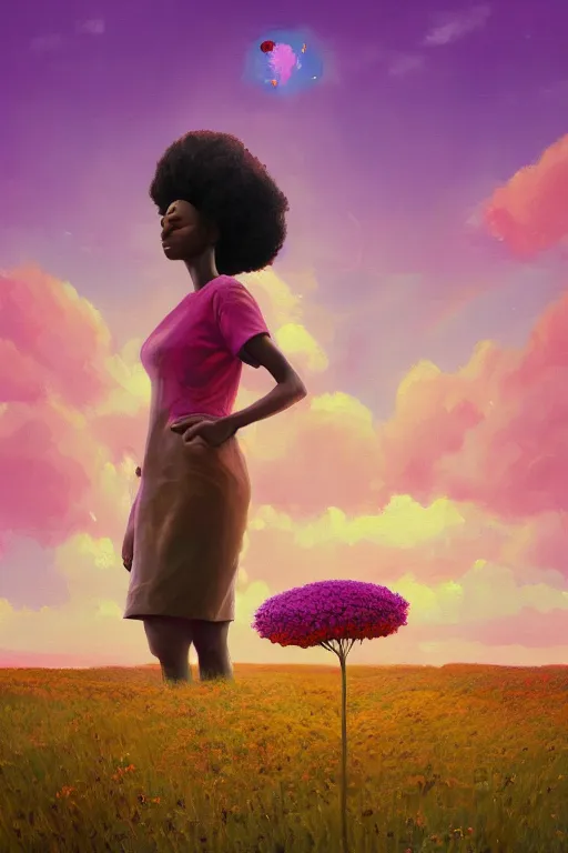 Prompt: closeup, giant flower as head, an african woman in a heather field, surreal photography, golden hour, colorful clouds, impressionist painting, digital painting, artstation, simon stalenhag