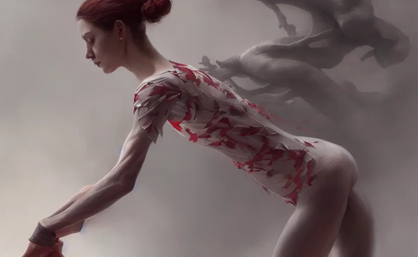 Prompt: ballet dancer, soft grey and red natural light, intricate, digital painting, artstation, concept art, smooth, sharp focus, illustration, art by greg rutkowski and luis rollo and uang guangjian and gil elvgren, symmetry!