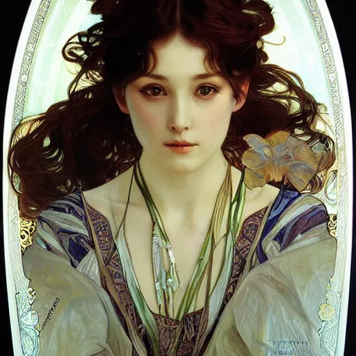 Image similar to realistic detailed painting of a dancer girl by Alphonse Mucha Ayami Kojima Amano Charlie Bowater HR Giger, masterpiece