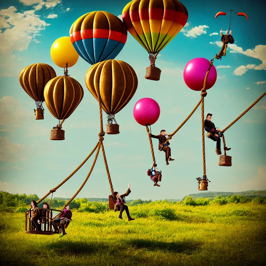 Image similar to large colorful steampunk balloons with people on rope swings underneath, flying high over the beautiful countryside landscape, professional photography, 8 0 mm telephoto lens, realistic, detailed, digital art, unreal engine