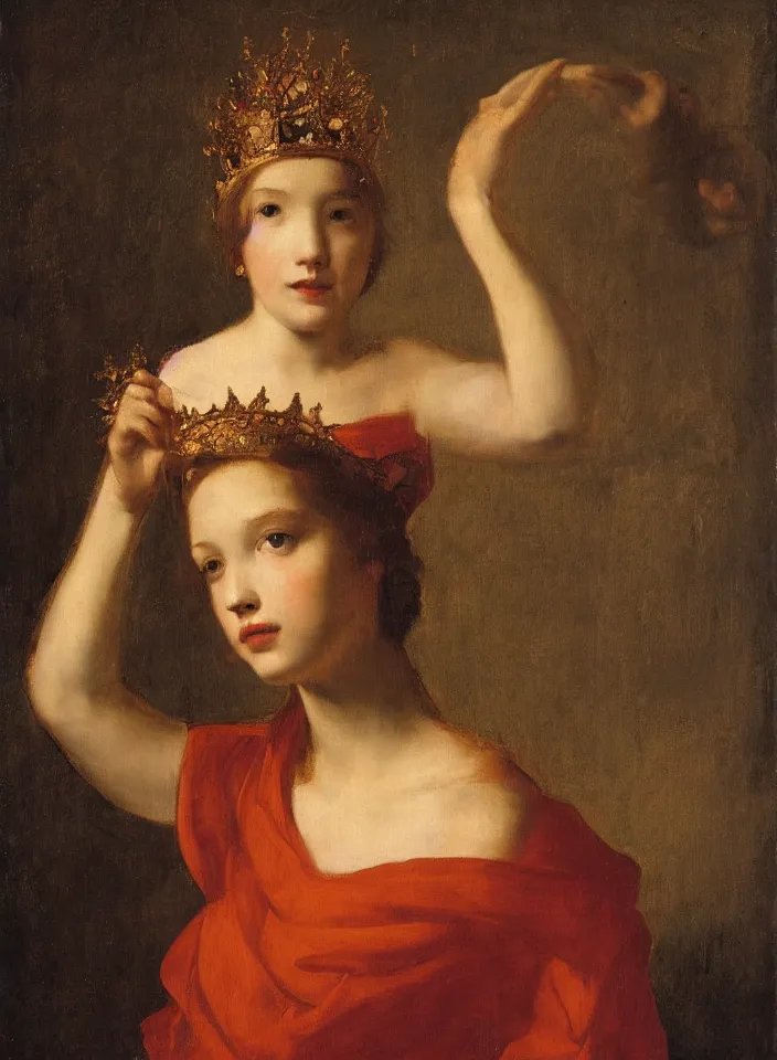 Prompt: portrait of a girl with a crown on fire, by Raffaello