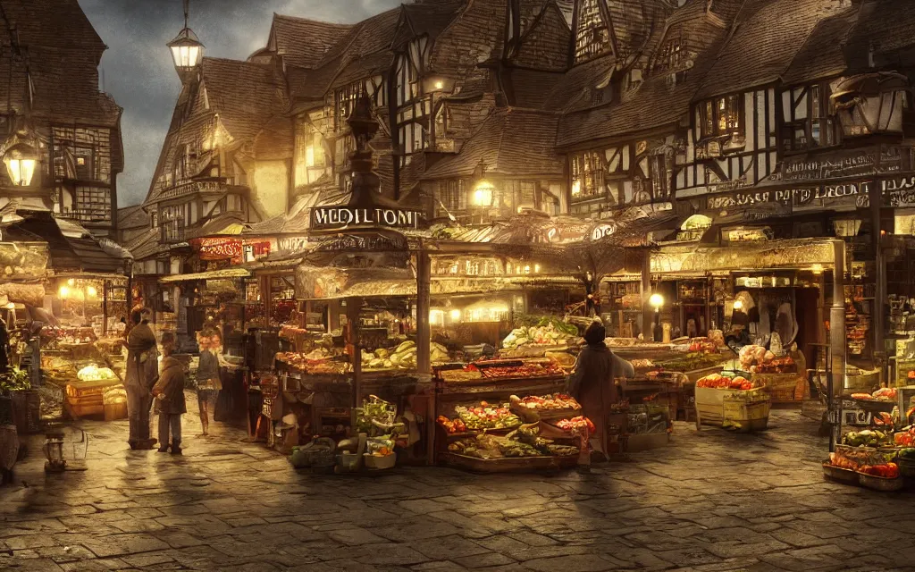 Image similar to at the market of a medeveil english town highly detailed, cinematic lighting, render, fantasy