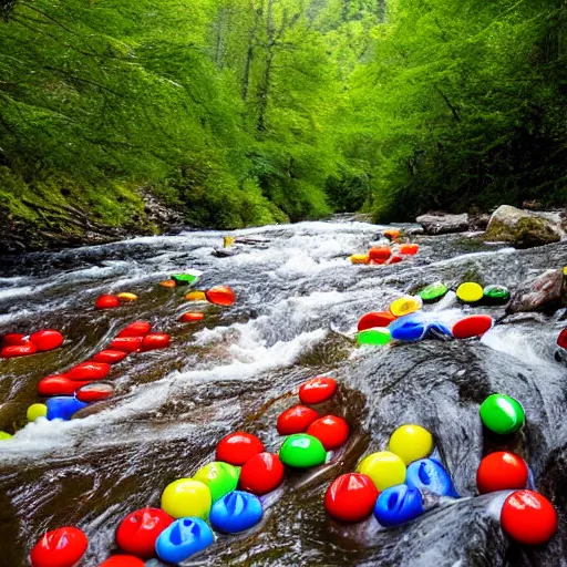 Prompt: inner tubing down a rapids filled with skittles, filled with desaturated color skittles, in the mountains, woodsy.