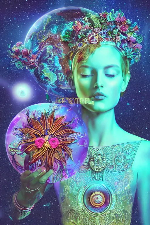 Prompt: opalescent retrofuturistic digital airbrush illustration of an explorer wearing an ornate gpu headpiece and holding a flower with a map of the collective subconscious in the background by luigi patrignani