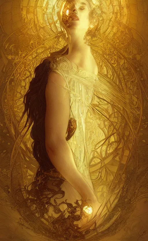 Prompt: loneliness, masterpiece close to a candle in dark room, cinematic, powerful, moon beams dramatic light, highly, intricate gold elements, hollow souls, detailed, digital painting, artstation, concept art, sharp focus, illustration, art by artgerm and greg rutkowski and alphonse mucha