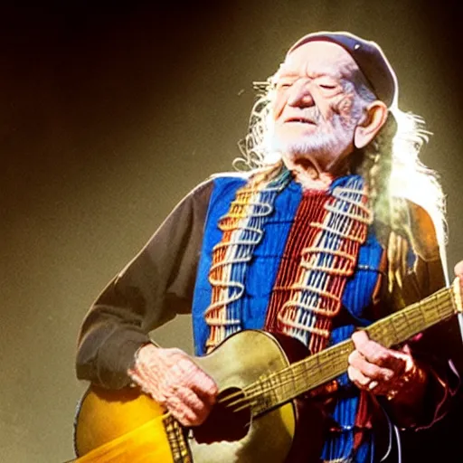 Image similar to willie nelson on stage, detailed, guitar. god rays through fog.