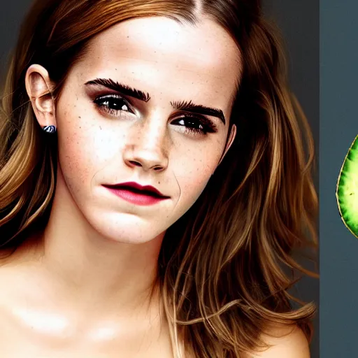 Image similar to portrait photograph of emma watson but her skin is replaced with avocado skin