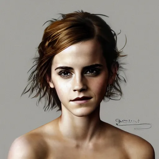 Image similar to Emma Watson in a nymph costume striking a pose, naturist, portrait photography oil on canvas, intricate, portrait, 8k highly professionally detailed, HDR, CGsociety