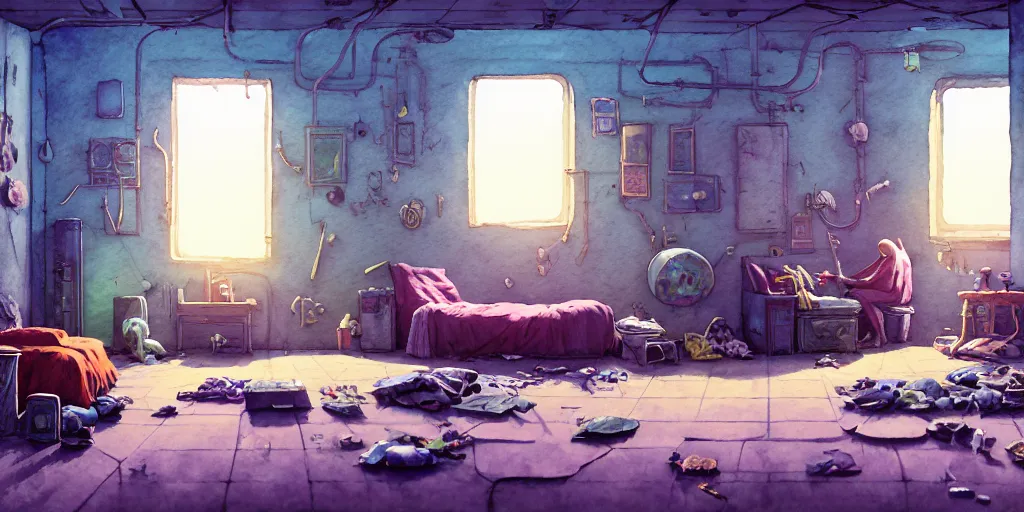 Image similar to room in the sewers, the room is messy and unorganized, bed is not made, sword clothes and posters everywhere, detailed, artstation, 8 k, sci - fi, pastel colors, props, panel, concept, simon stalenhag, in watercolor gouache detailed paintings, moebius, blueprint, building, living room, detailed, posters, sofa