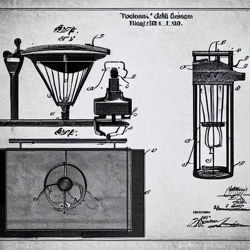 Prompt: plans for a horse - drawn coffee grinder in the style of thomas edison. patent filing. detailed. hd