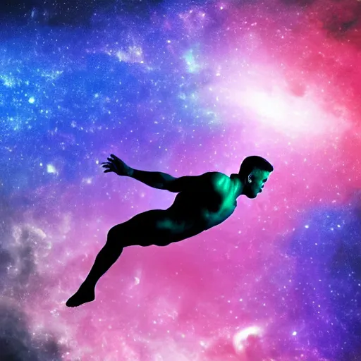 Prompt: athletic man doing a pullup using gymnastic rings, silhouette, long shot, in a cosmic nebula background, matte colors, very very very dramatic, inspiring digital art trending on artstation