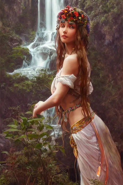 Image similar to ultra realistic illustration, bohemian girl in waterfall, staring directly into camera, intricate, elegant, highly detailed, digital painting, artstation, concept art, smooth, sharp focus, illustration, art by artgerm and greg rutkowski and alphonse mucha