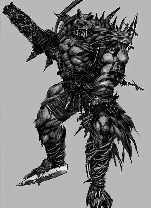Prompt: Full body portrait of giant old gnoll warrior with a giant black blade, emanating with blue aura. In style of Yoji Shinkawa and Hyung-tae Kim, trending on ArtStation, dark fantasy, great composition, concept art, highly detailed, dynamic pose.