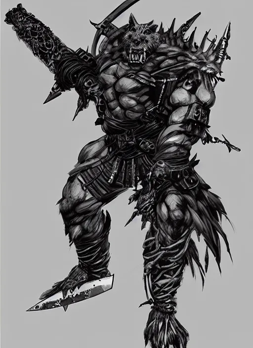 Image similar to Full body portrait of giant old gnoll warrior with a giant black blade, emanating with blue aura. In style of Yoji Shinkawa and Hyung-tae Kim, trending on ArtStation, dark fantasy, great composition, concept art, highly detailed, dynamic pose.