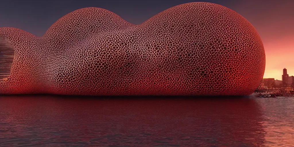 Image similar to An epic architectural rendering of a blob shaped trypophobia house with a mysterious red glow emitting from inside in a modern cityscape next to a river, stunning, gorgeous, golden ratio, photorealistic, featured on artstation, 4k resolution