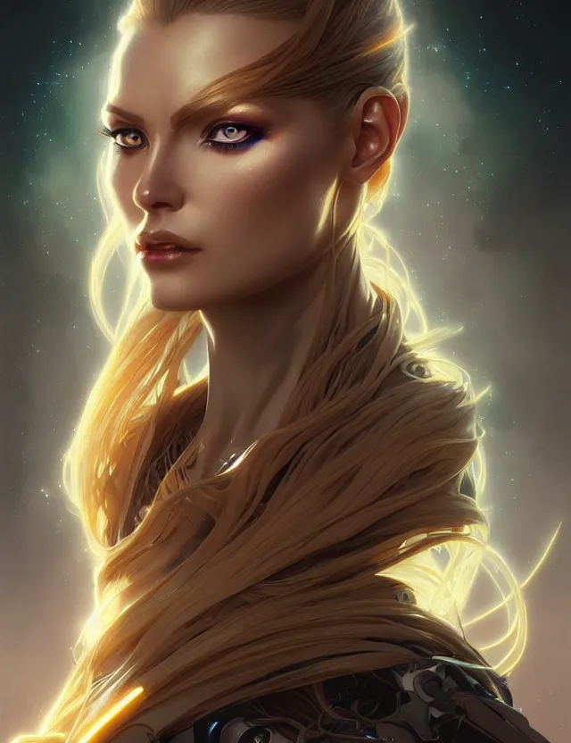 Image similar to futuristic woman portrait, sci-fi, amber eyes, face, long hair, fantasy, intricate, elegant, highly detailed, digital painting, artstation, concept art, smooth, sharp focus, illustration, art by artgerm and greg rutkowski and alphonse mucha