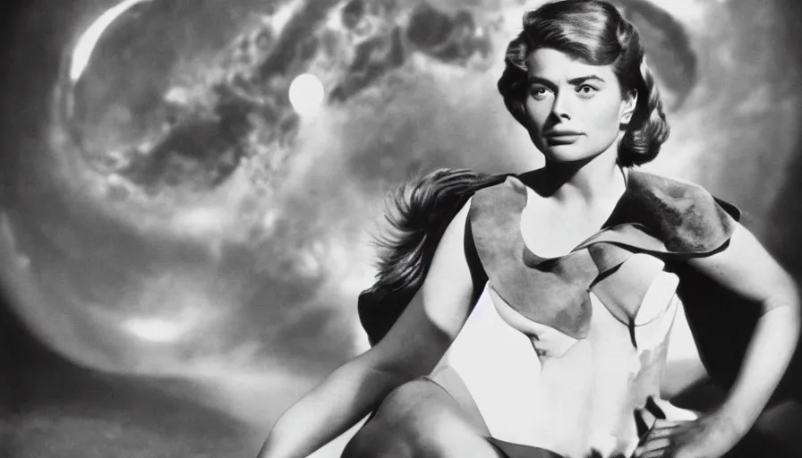 Image similar to film capture, young ingrid bergman as barbarella, exploring an alien planet. full colour. symmetrical face. symmetrical body. cinematic. 1 0 0 mm lens. realistic. photograph.