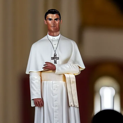 Image similar to cristiano ronaldo as pope, accurate, 30mm, dramatic lighting, nikon