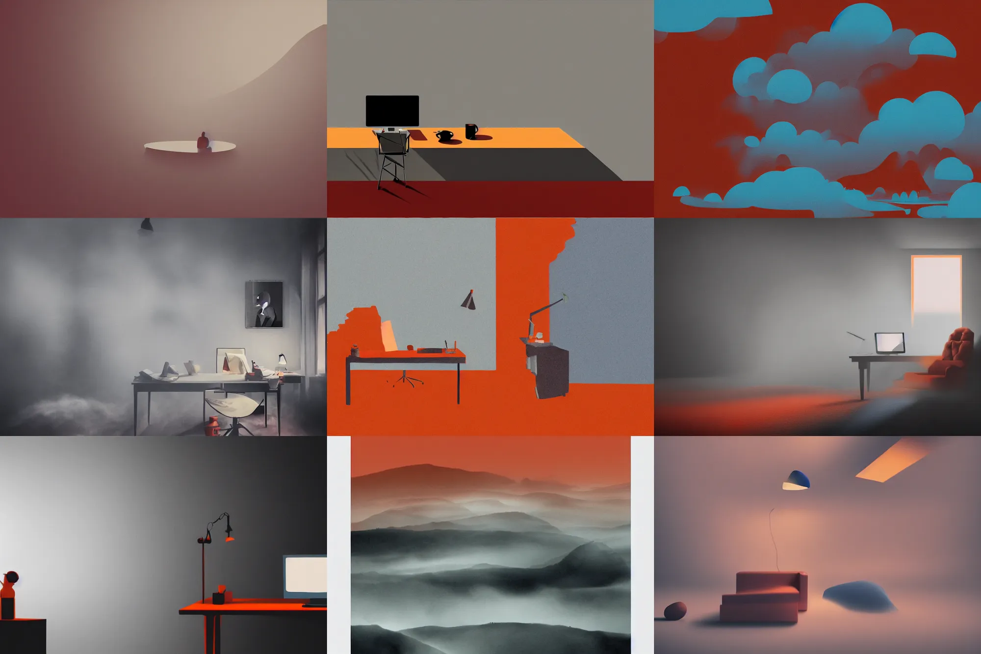 Prompt: home office, remote work, editorial illustration by karolis strautniekas and mads berg, liquid clouds, fog, lost souls, red orange blue beige, fine texture, detailed, muted colors, film noir, dramatic lighting, dynamic composition, vivid, matte print, wide angle, ( ( sunbeams ) ), moody, extreme perspective