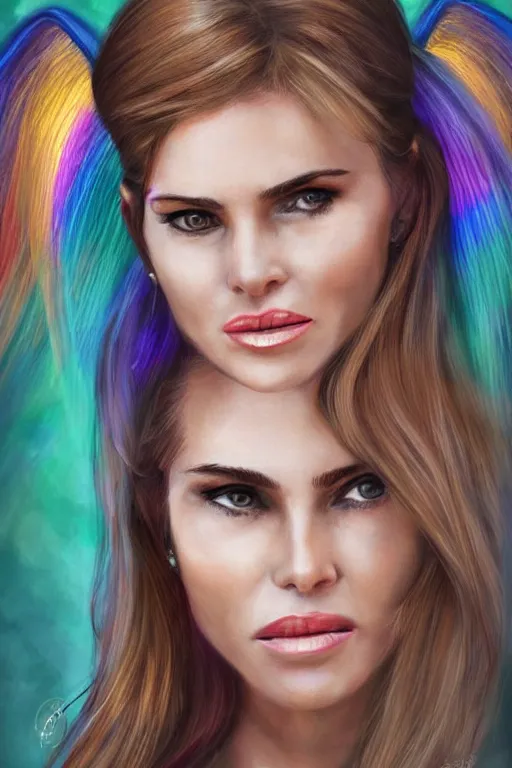 Image similar to portrait of a blend of young maria shriver, mariel hemmingway, melania trump and elle macpherson as an angel, thin lips, hair tied up in a pony tail, rainbow colors, vine, artstation, cgsociety