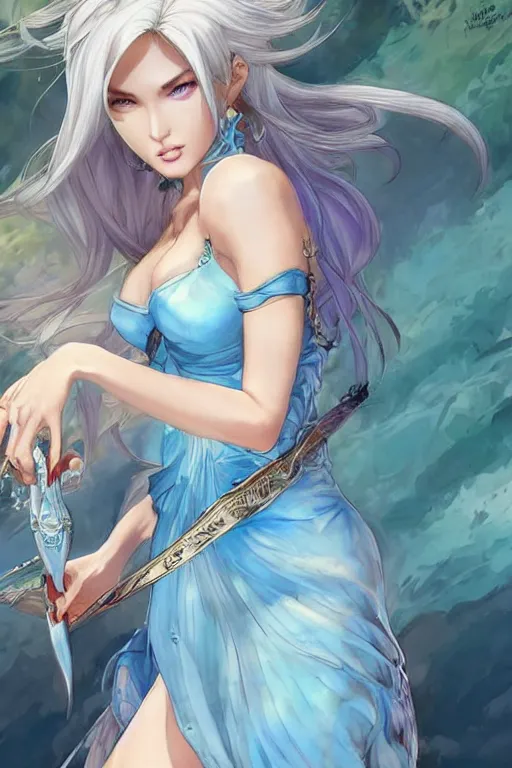 Prompt: Megan Fox using a pale blue summer dress in a blade and soul spinoff artbook rendered by the artist Taran Fiddler, Joe Madureira, Nadezhda Tikhomirova, Jiyun Chae, Lê Long, trending on Artstation by Hyung Tae Kim, artbook, Stanley Artgerm Lau, WLOP, Rossdraws , James Gurney