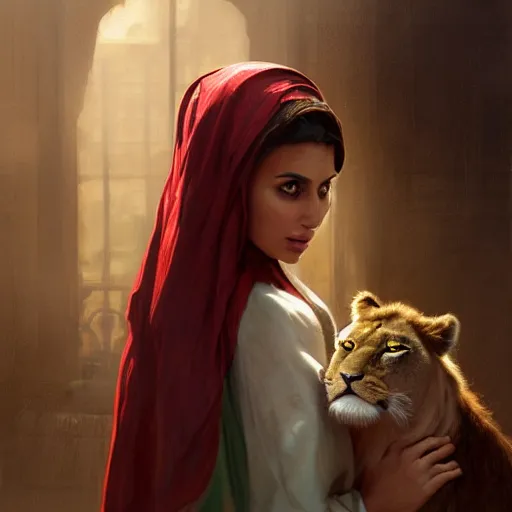 Image similar to a Photorealistic dramatic hyperrealistic render of an arab ameera al taweel, tan skin, green eyes, red hair, white veil, with a pet lion by WLOP,Artgerm,Greg Rutkowski,Alphonse Mucha, Beautiful dynamic dramatic dark moody lighting,shadows,cinematic atmosphere,Artstation,concept design art,Octane render,8K