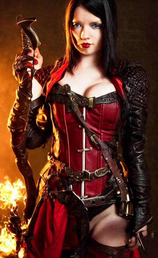 Image similar to epic fantasy d & d female halfling rogue, black hair, red leather corset, cinematic, beautiful lighting, heroic