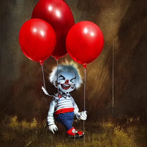 Image similar to grunge cartoon landscape painting of chucky with a wide smile and a red balloon by - michal karcz, loony toons style, pennywise style, horror theme, detailed, elegant, intricate