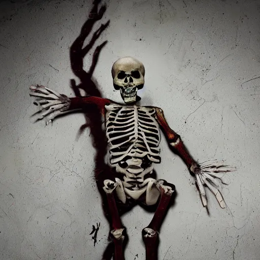 Image similar to a threatening person with a skeleton painted on his skin, a painted skeleton man, a scene from a horror movie, contorted limbs, highly detailed, cinematic