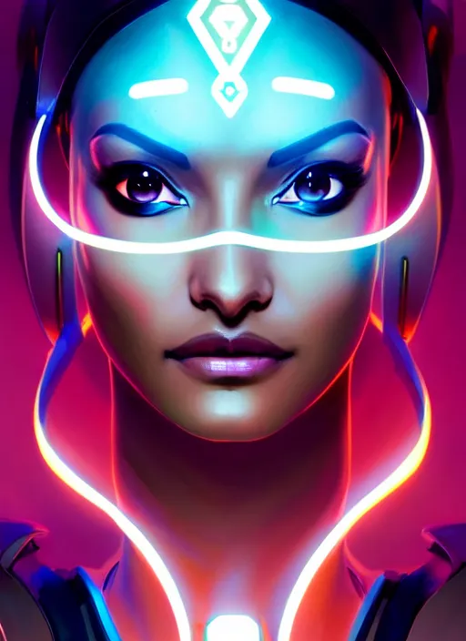 Prompt: symmetry portrait of symmetra from overwatch, closeup, sci - fi, tech wear, glowing lights intricate, elegant, highly detailed, digital painting, artstation, concept art, smooth, sharp focus, illustration, art by artgerm and greg rutkowski and alphonse mucha