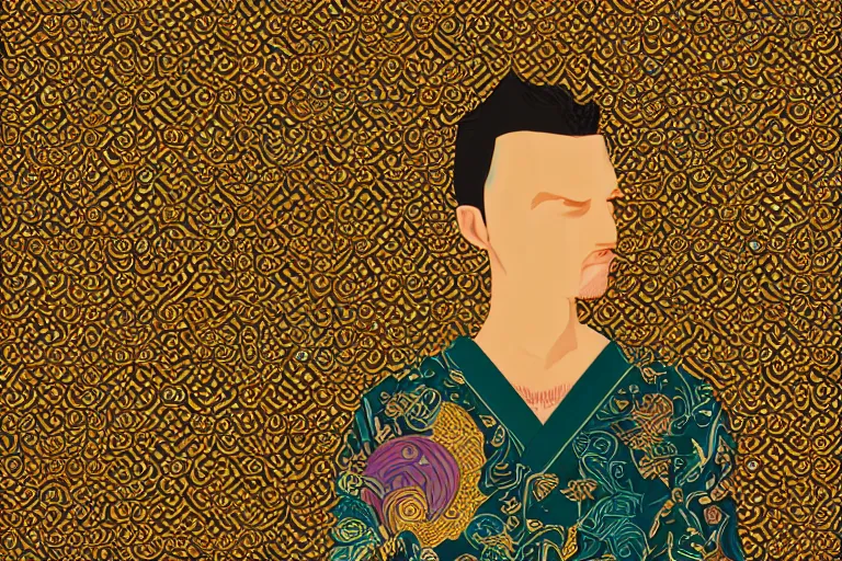 Image similar to portrait of a man standing inside his own dreams by lina iris viktor, japanese golden decorations, 2 d flat digital illustration, opulent pearl mosaics 4 k