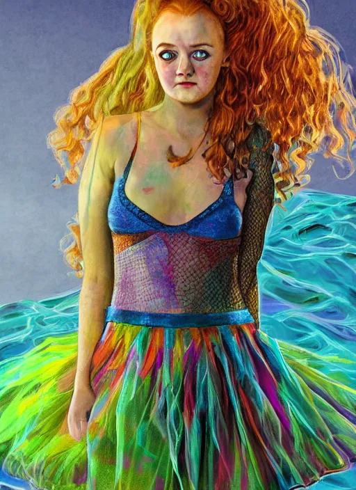 Image similar to surrealism psychedelic full body portrait sketch of evanna lynch as sadie sink as delirium of the endless in fishnet top and rainbow tutu skirt from the sandman, floating goldfish, green and blue eye heterochromia by alex ross, josh kirby, detailed, elegant, intricate