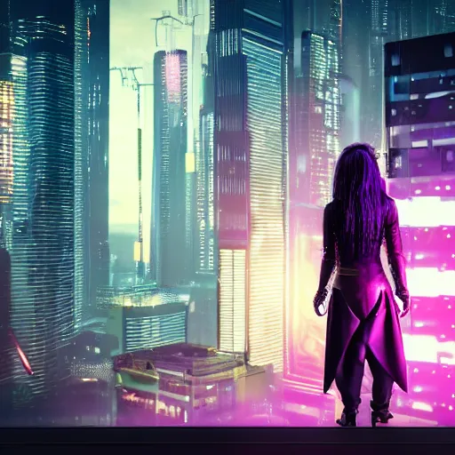 Prompt: digital photography of cyberpunk girl standing on a rooftop, short purple hair with undercut, realistic body shape, wearing long leather trenchcoat and black cargo pants. night time, neon cityscape background, flying blimp with searchlights shining in the distance. 8 k high resolution