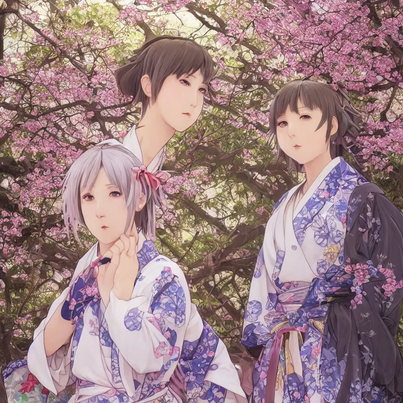 Image similar to portrait of a girl, sakura tree in background, yukata clothing, real faces, anime style, short hair, hair down, symmetrical facial features, from arknights, hyper realistic, 4 k, extreme detail, detailed drawing, trending on pixiv fanbox, realistic lighting, by alphonse mucha, greg rutkowski, sharp focus, backlit